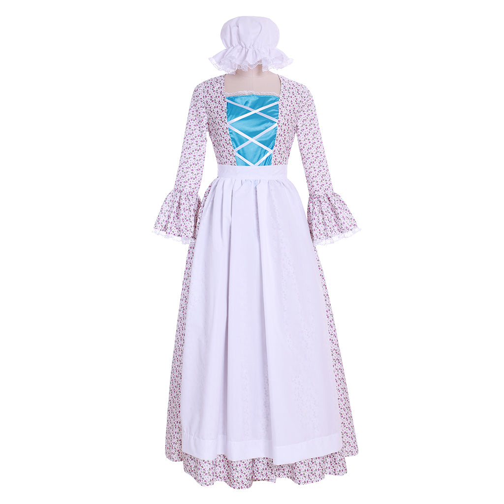Medieval Renaissance Women's Blue and White Cosplay Dress with Square Neck, Puff Sleeves, Contrast Bodice and Apron Style Skirt Gothic Ladies Halloween Party Outerwear