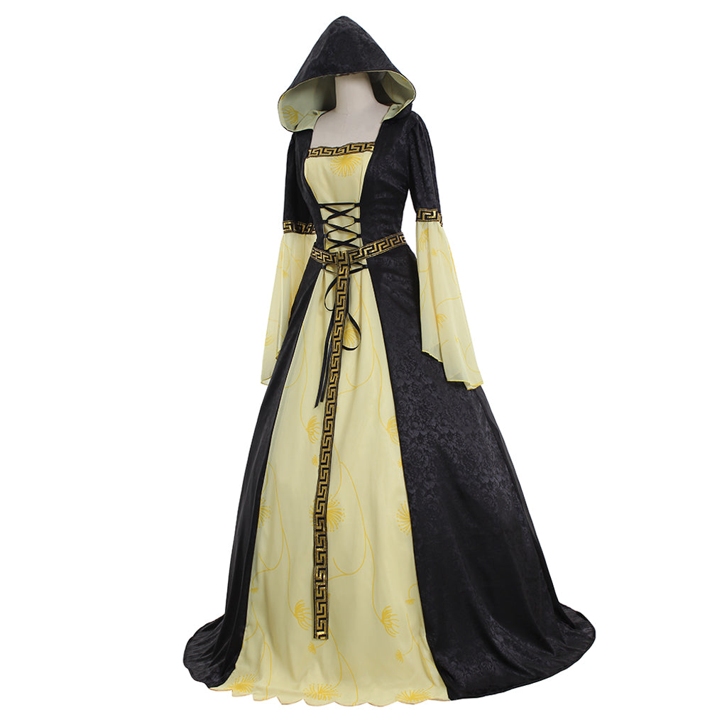 Medieval Women Renaissance Black And Yellow Cosplay Costume Adult Vintage Court Hooded Lace Up Long Sleeve Square Neck Maxi Dress