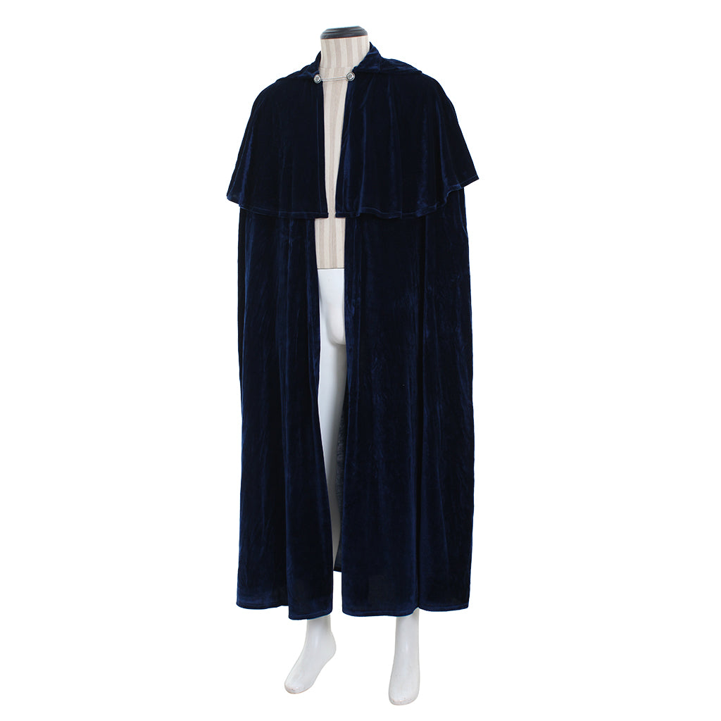 Medieval Renaissance Navy Blue Velvet Long Hooded Cloak with Clasp Closure