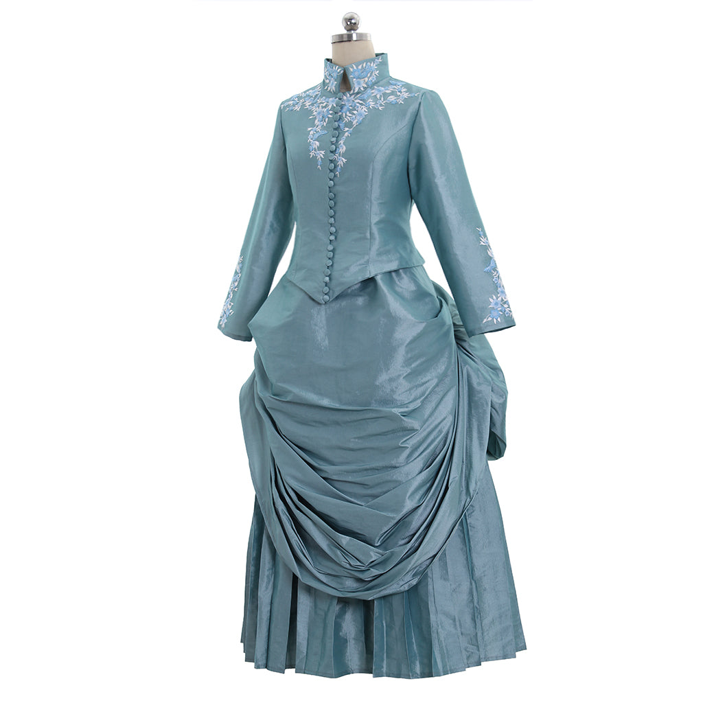 Victorian Rococo Medieval Floor Length Dress Ball Gown Party Costume Princess Patterned Ball Gown Stand Collar Long Sleeve Teal Women's Halloween Carnival Party Evening Dress Valentine's Day Party Masquerade Adults' Dress All