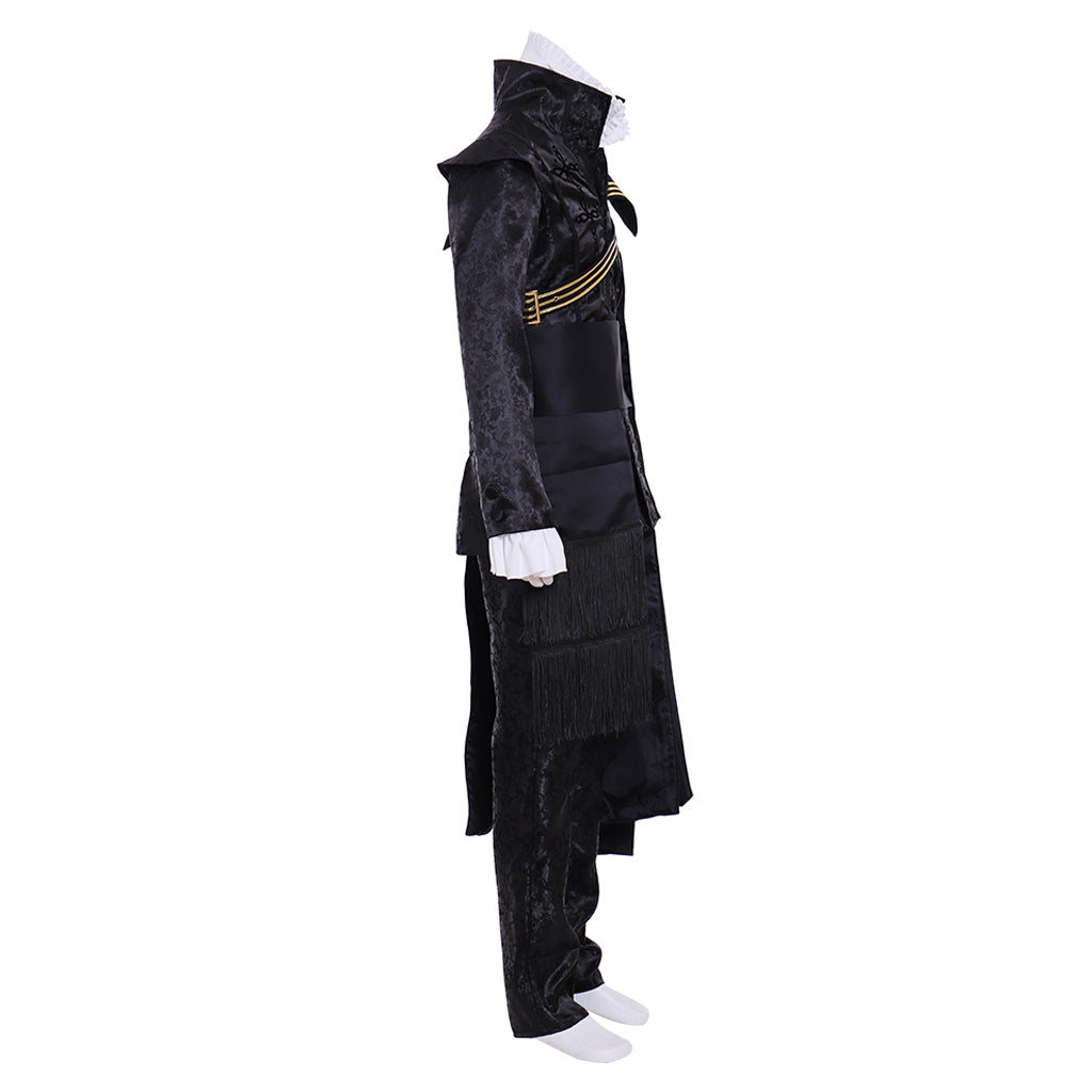 Tudor Black Brocade Military - Style Costume with Gold Trim and Cape for Cosplay Themed Events Halloween Christmas or Themed Parties
