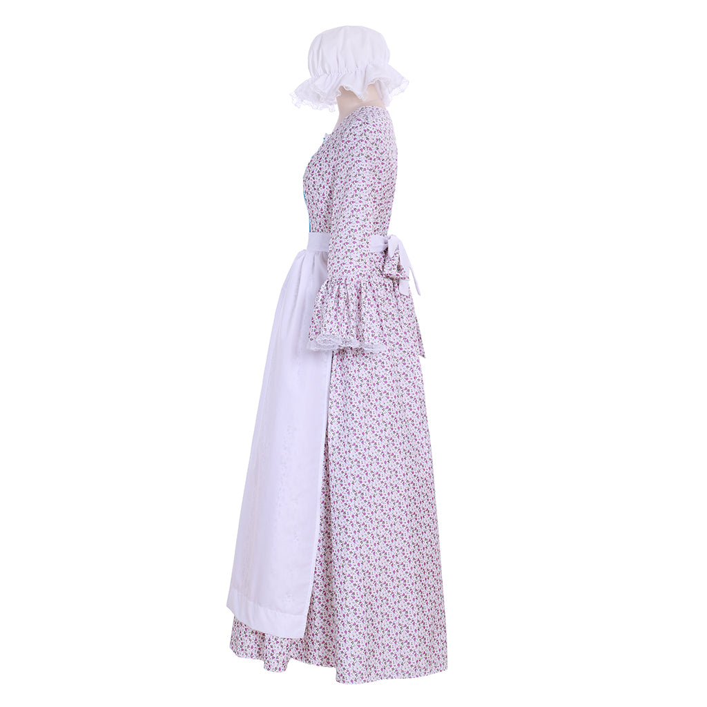 Medieval Renaissance Women's Blue and White Cosplay Dress with Square Neck, Puff Sleeves, Contrast Bodice and Apron Style Skirt Gothic Ladies Halloween Party Outerwear