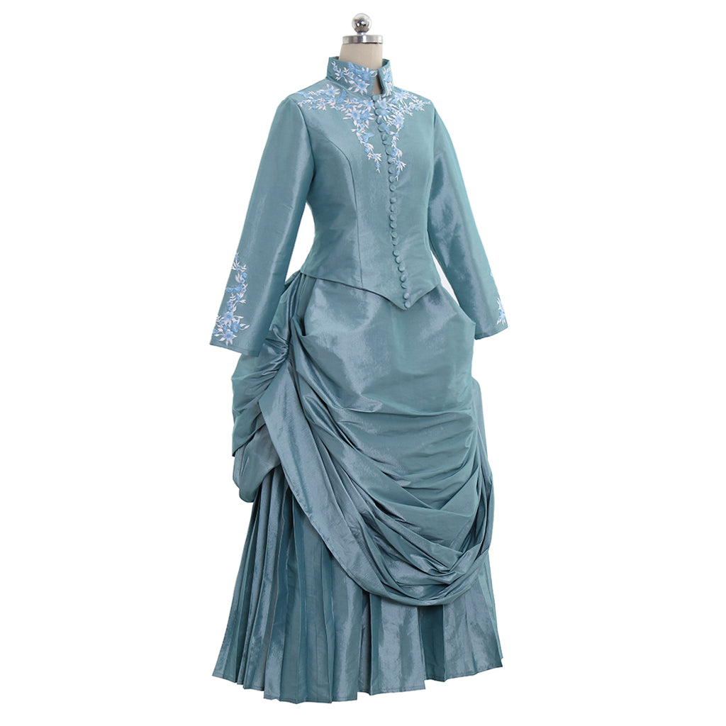 Victorian Rococo Medieval Floor Length Dress Ball Gown Party Costume Princess Patterned Ball Gown Stand Collar Long Sleeve Teal Women's Halloween Carnival Party Evening Dress Valentine's Day Party Masquerade Adults' Dress All