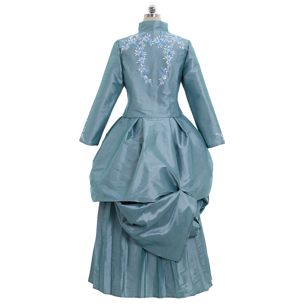 Victorian Rococo Medieval Floor Length Dress Ball Gown Party Costume Princess Patterned Ball Gown Stand Collar Long Sleeve Teal Women's Halloween Carnival Party Evening Dress Valentine's Day Party Masquerade Adults' Dress All