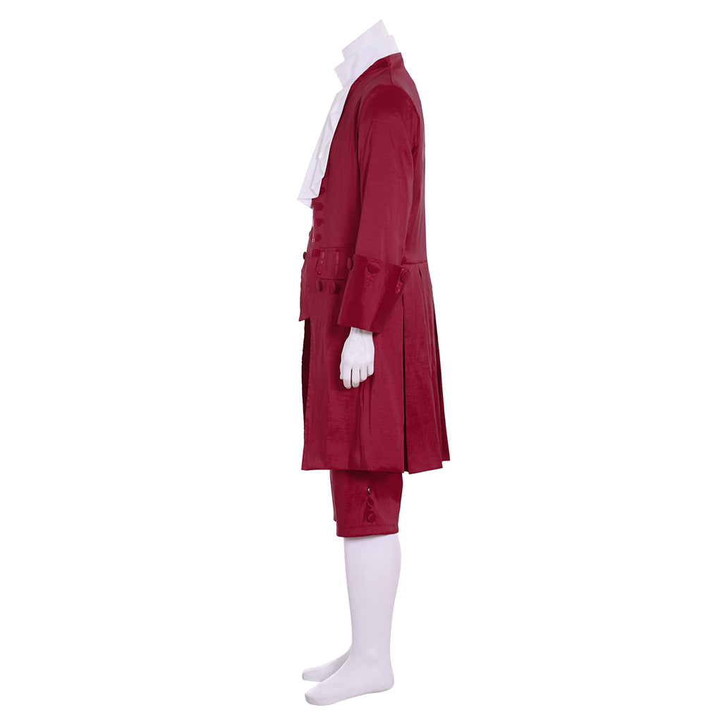 Colonial Men's Red Coat with White Ruffle, Red Waistcoat and Breeches for Cosplay or Themed Events Halloween Christmas or Themed Parties