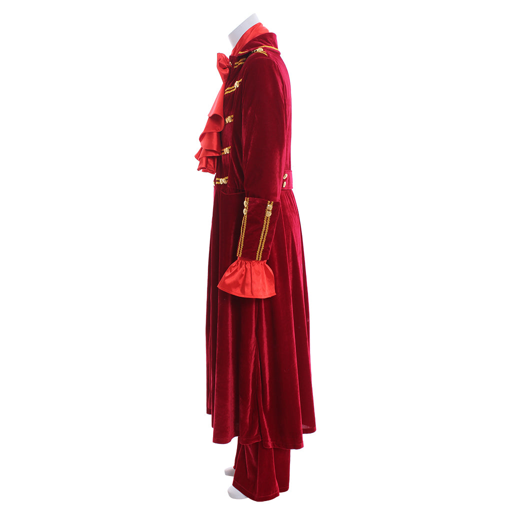 Medieval Men's Red Velvet Long Coat with Gold Trim Ruffled Collar and Cuffs Matching Pants Costume for Cosplay Themed Events Halloween Christmas or Parties