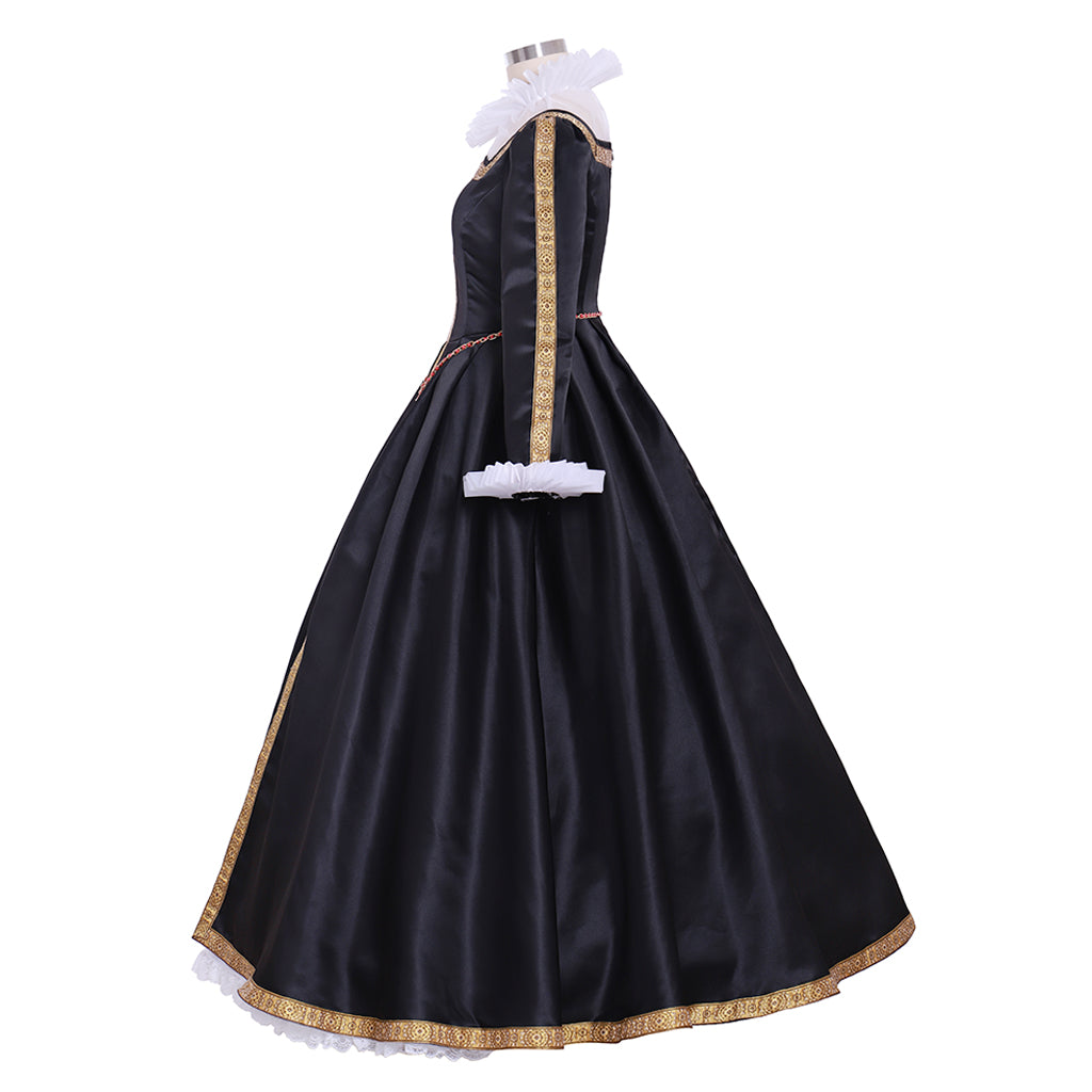 Tudor Dynasty Medieval Court Dress Renaissance Inspired Gown Prom Outfit Black and White Gold-Trimmed Contrast Trim Ruffled Collar Women's Halloween Carnival Valentine's Day Party Evening Party Masquerade Adults' Dress All