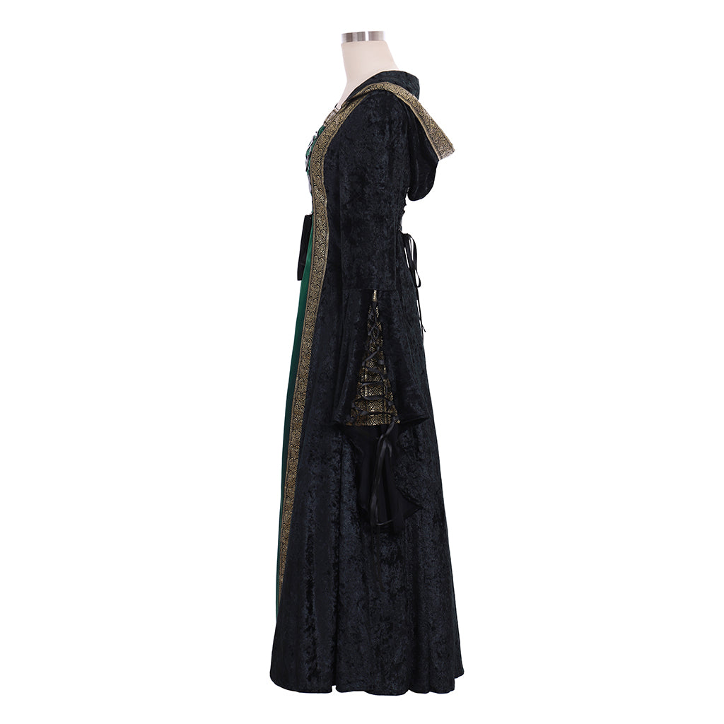 Victorian Gothic Women's Black and Green Cosplay Dress with Square Neck, Long Sleeves, Lace Up Front and Contrast Trim