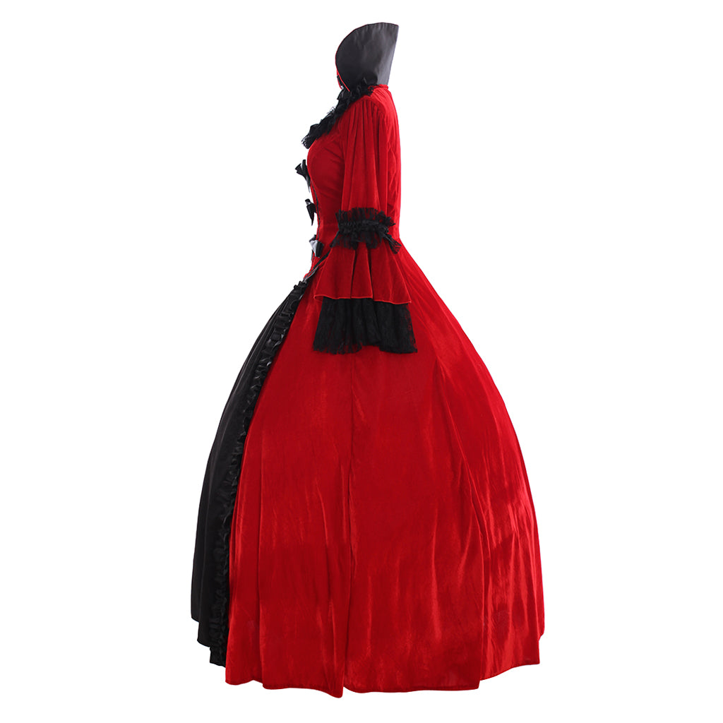Medieval Women Renaissance Red And Black Cosplay Costume Adult Vintage Court Lace Up Bonneted Ruffled Sleeve Square Neck Maxi Dress Ladies Halloween Christmas