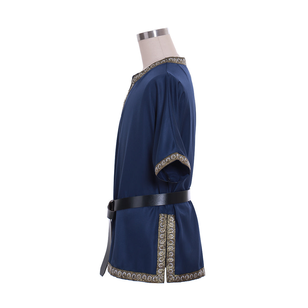 Medieval Men's Black Short Sleeve Tunic with Gold Embroidered Trim and Black Belt for Cosplay Themed Events Halloween Christmas or Parties