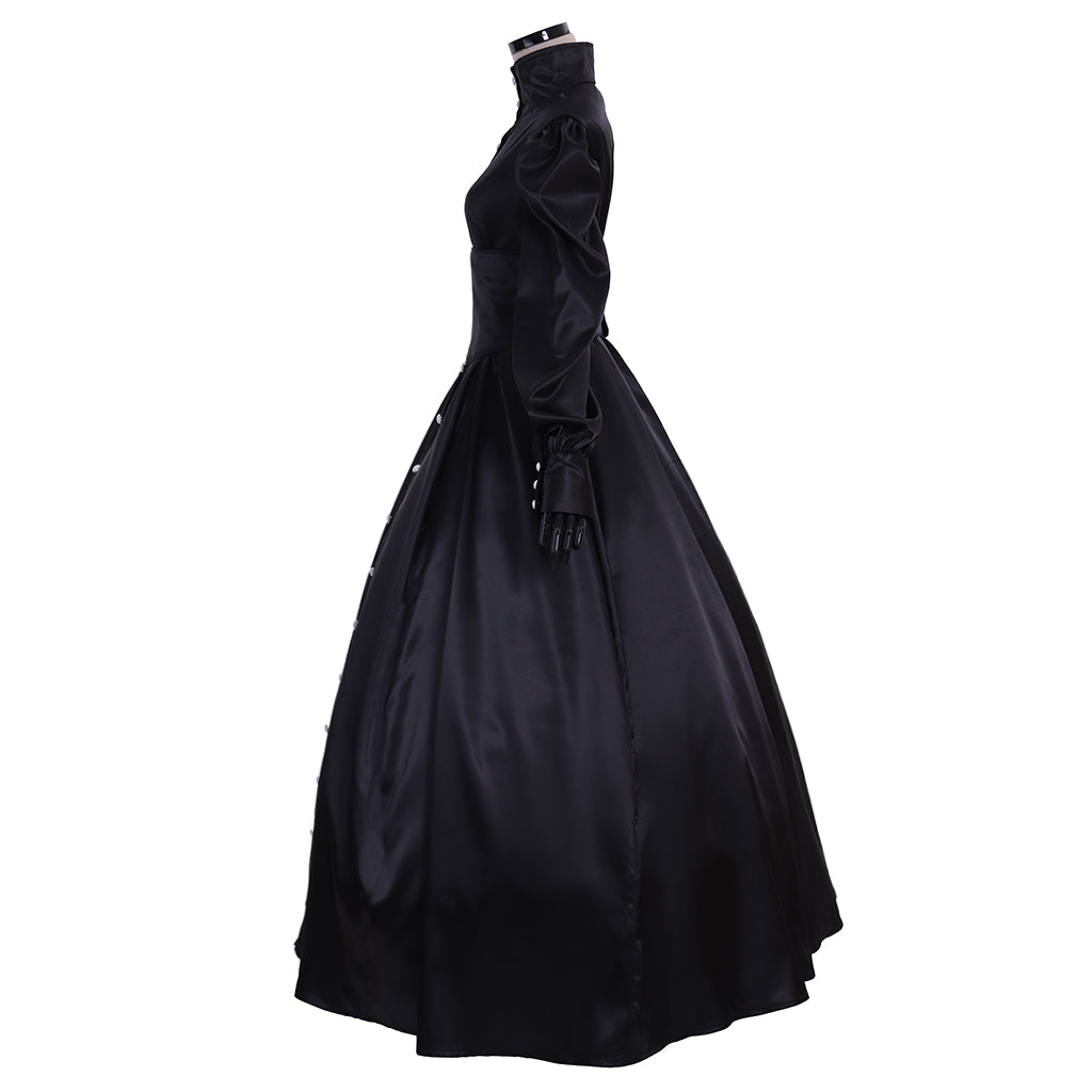 Medieval Gothic Black Satin Ball Gown Puff Sleeve Button Front Waist Cincher Women Adult Renaissance Cosplay Costume Ladies Halloween Christmas Dress