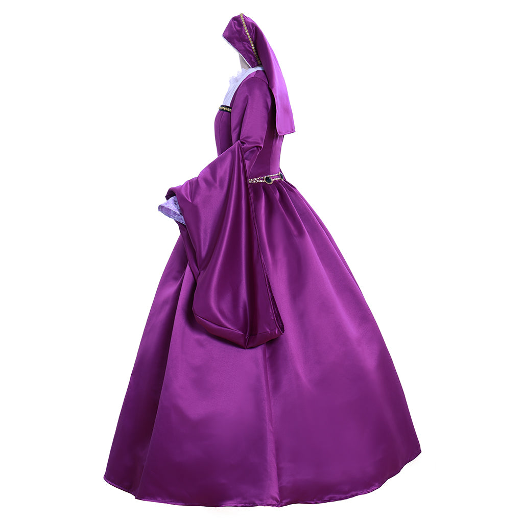 Anne Boleyn Costume Tudor Queen Dress Queen Elizabeth Ball Gown King Henry Outfit Purple Ornate Pattern Square Neckline Puff Sleeve Women's Prom Outfit Valentine's Day Party Evening Dress Masquerade