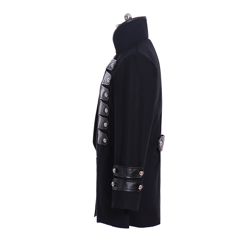 Medieval Black Military Style Coat with Leather Panels and Silver Button Detailing for Historical Reenactments Cosplay Events Halloween Christmas or Parties