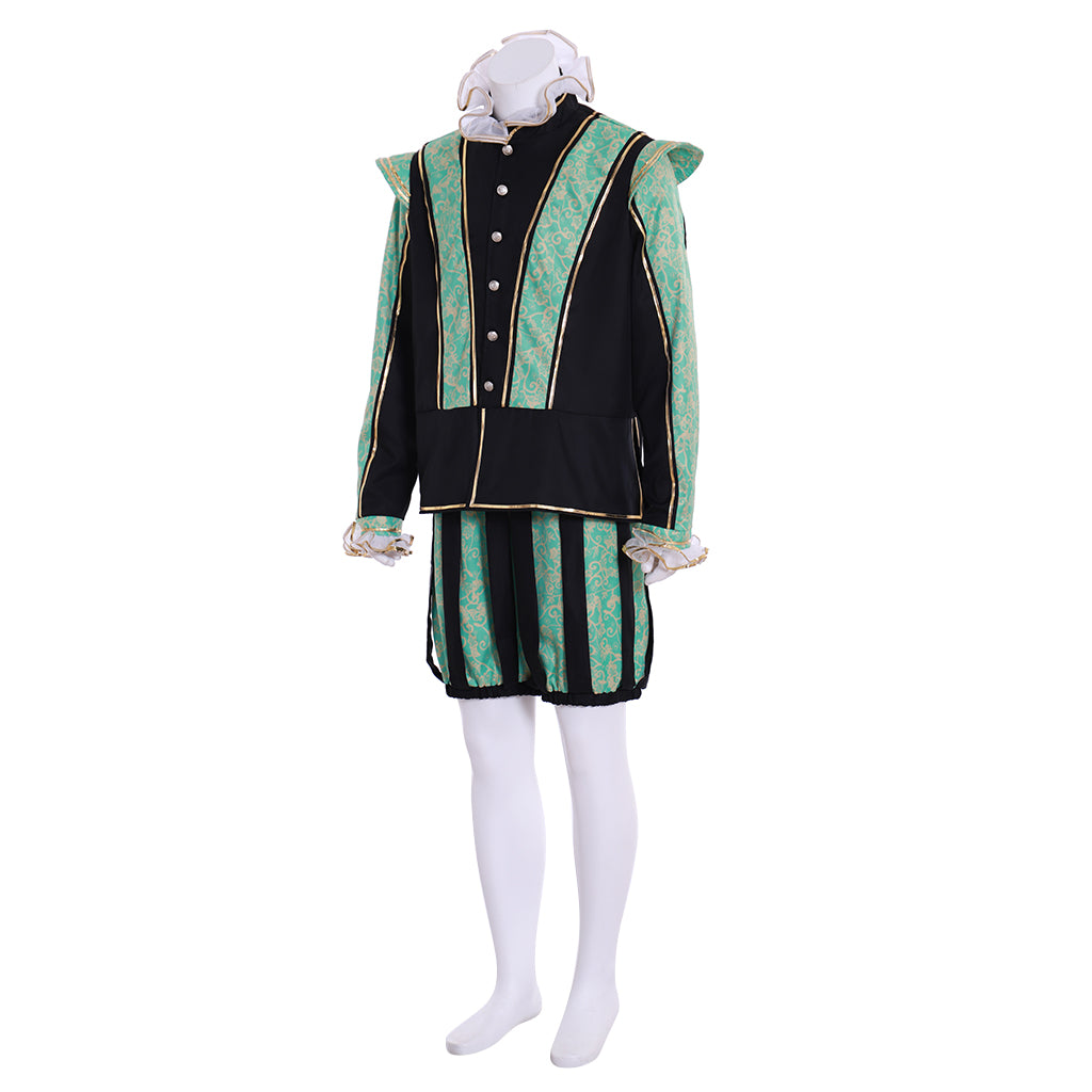 Medieval Men's Black Jacket with Green Trim and Striped Green Black Breeches for Cosplay or Themed Events Halloween Christmas or Themed Parties