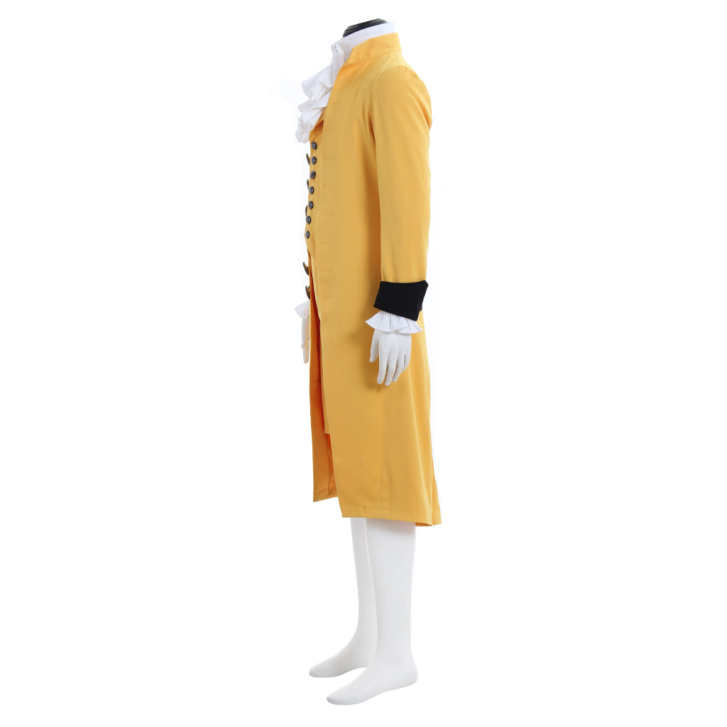 Medieval Men's Yellow with Black Trim and White Ruffle Court Coat Costume for Cosplay Themed Events Halloween Christmas or Themed Parties