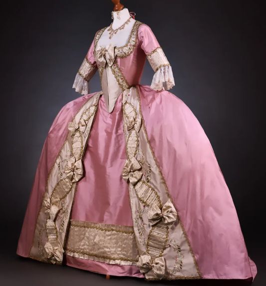 Rococo Style Pink Satin Gown with Elaborate Gold Embellishments and Layered Skirt for Historical Reenactments Halloween Christmas
