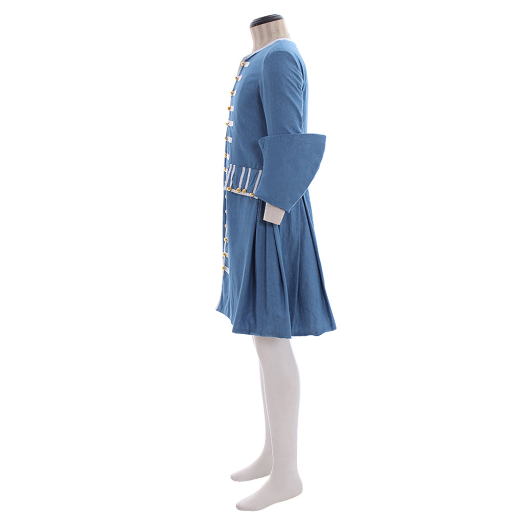 Medieval Men's Blue Long Coat with White Striped Trim and Gold Accents for Cosplay or Themed Events Halloween Christmas or Themed Parties
