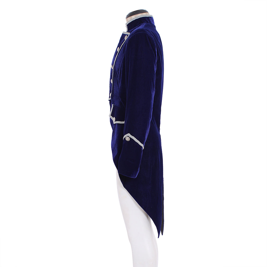18th Century European Rococo Style Gentleman’s Tailcoat with Navy Blue Velvet and White Trim for Historical Reenactments Cosplay Events Halloween Christmas or Parties