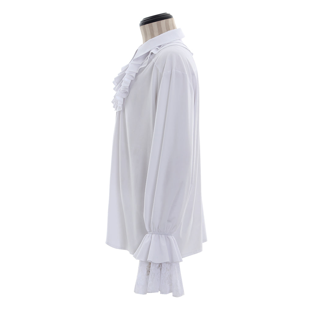 Medieval Men's White Ruffled Lace Up Shirt with Lace Trimmed Ruffled Cuffs for Cosplay Renaissance Fairs Halloween Themed Events