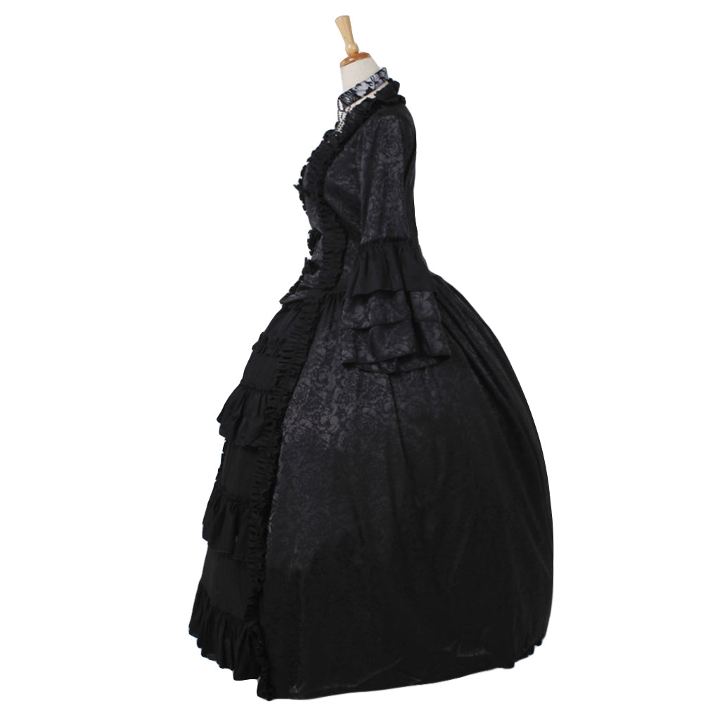 Medieval Women Gothic Victorian Renaissance Cosplay Costume Ruffled Long Sleeve Square Neck Black Gown Adult Ladies Halloween Christmas Dress