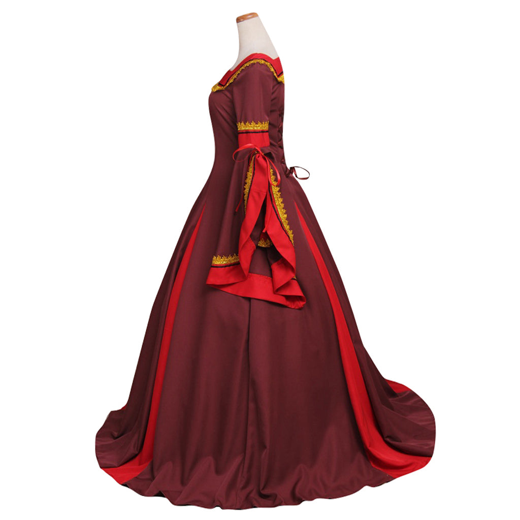 Medieval Women Renaissance Victorian Cosplay Costume Flared Long Sleeve Contrast Trimmed Color Block Burgundy Red Gown Adult Ladies Halloween Christmas Dress