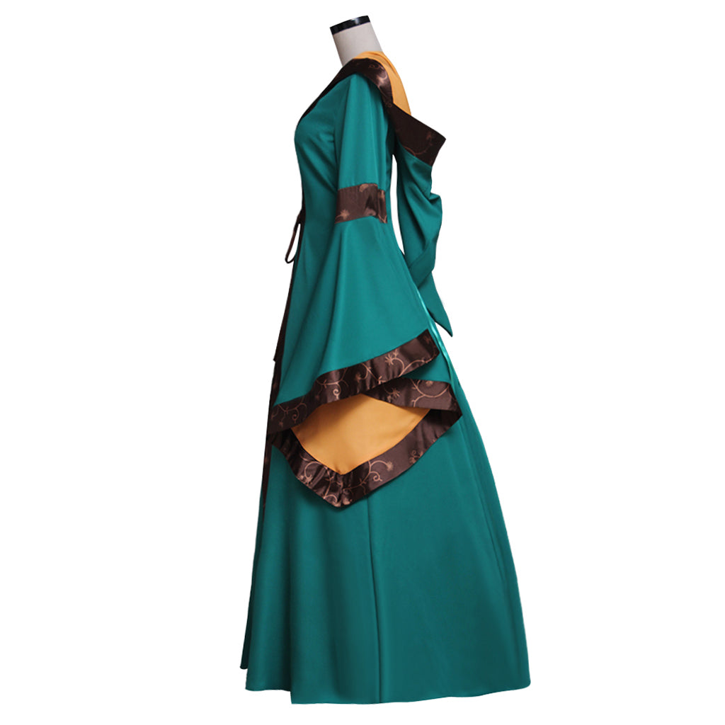 Medieval Vintage Regency Dress Square Neck Teal Brown Gown With Brown Trim Long Flared Sleeve Renaissance Cosplay Costume Adult Ladies Halloween Christmas Dress