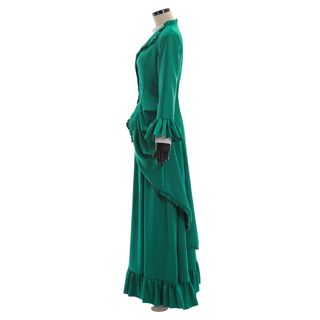 Medieval Women Renaissance Green Cosplay Costume Adult Vintage Court Button Up Ruffled Sleeve Square Neck Maxi Dress Ladies Halloween Christmas Square Neck Maxi Dress