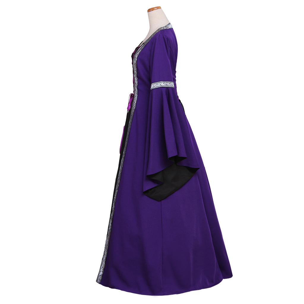 Medieval Women Viking Purple And Black Cosplay Costume Adult Renaissance Ancient Gown With Lace Up And Bell Sleeves Norse Gothic Ladies Halloween Christmas Dress