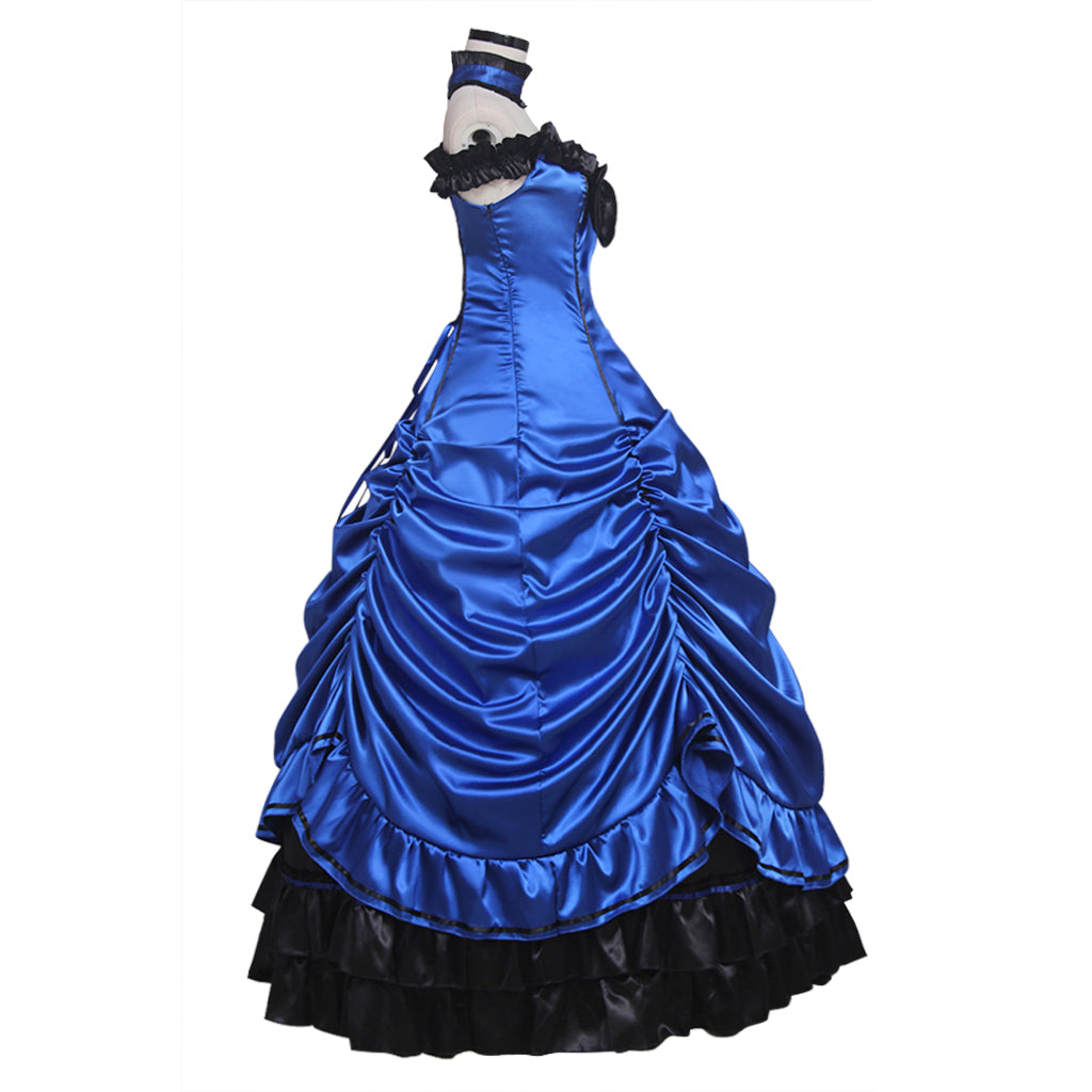 Victorian Gothic Women's Blue and Black Cosplay Dress with Strapless Neck Lace Up Back Sleeveless and Ruffled Hem Trim Gothic Ladies Halloween Party Outerwear