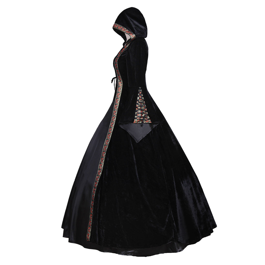 Medieval Women Renaissance Victorian Cosplay Costume Flared Long Sleeve Brown Trimmed Color Block Black Lace Up Gown Adult Ladies Halloween Christmas Dress