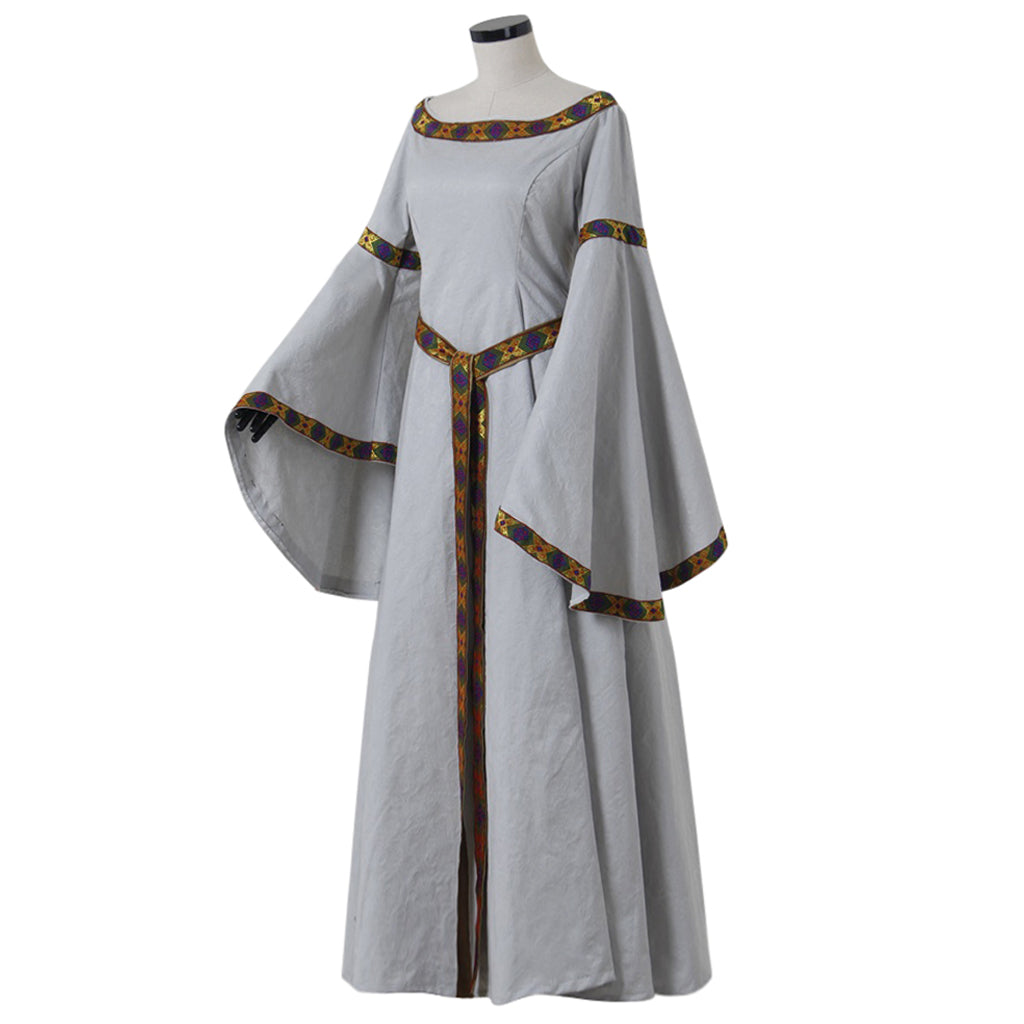 Medieval Women Renaissance Victorian Cosplay Costume Flared Long Sleeve Gold and Brown Trimmed Tie Waist Light Gray Gown Adult Ladies Halloween Christmas Dress