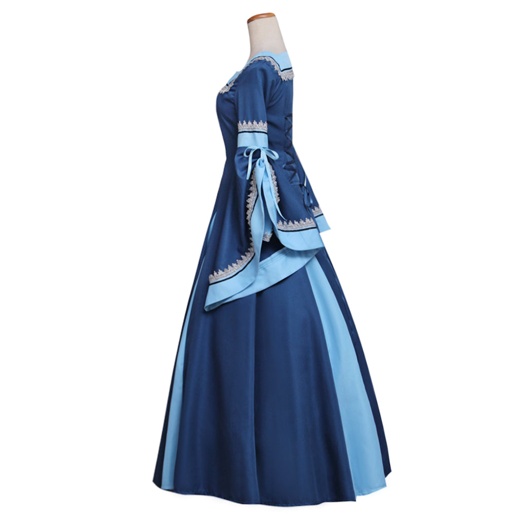 Medieval Vintage Regency Dress Square Neck Navy Blue Light Blue Gown Medieval Cosplay Costume Long Sleeve With Trim Renaissance Gown Women Cosplay Costume Adult Ladies Halloween Christmas Dress