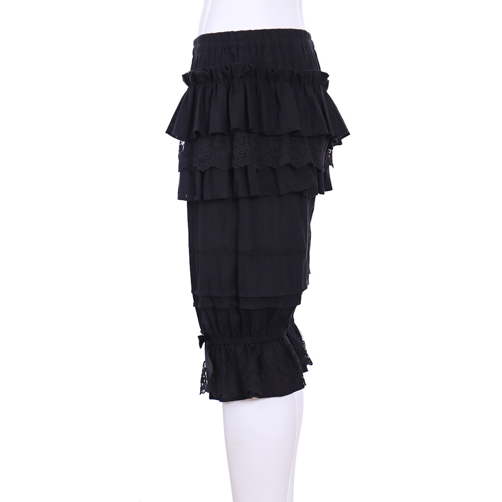 Medieval Gothic Black Lolita Ruffled Bloomers with Multi Layered Lace Trim and Bow-Accented Cuffs