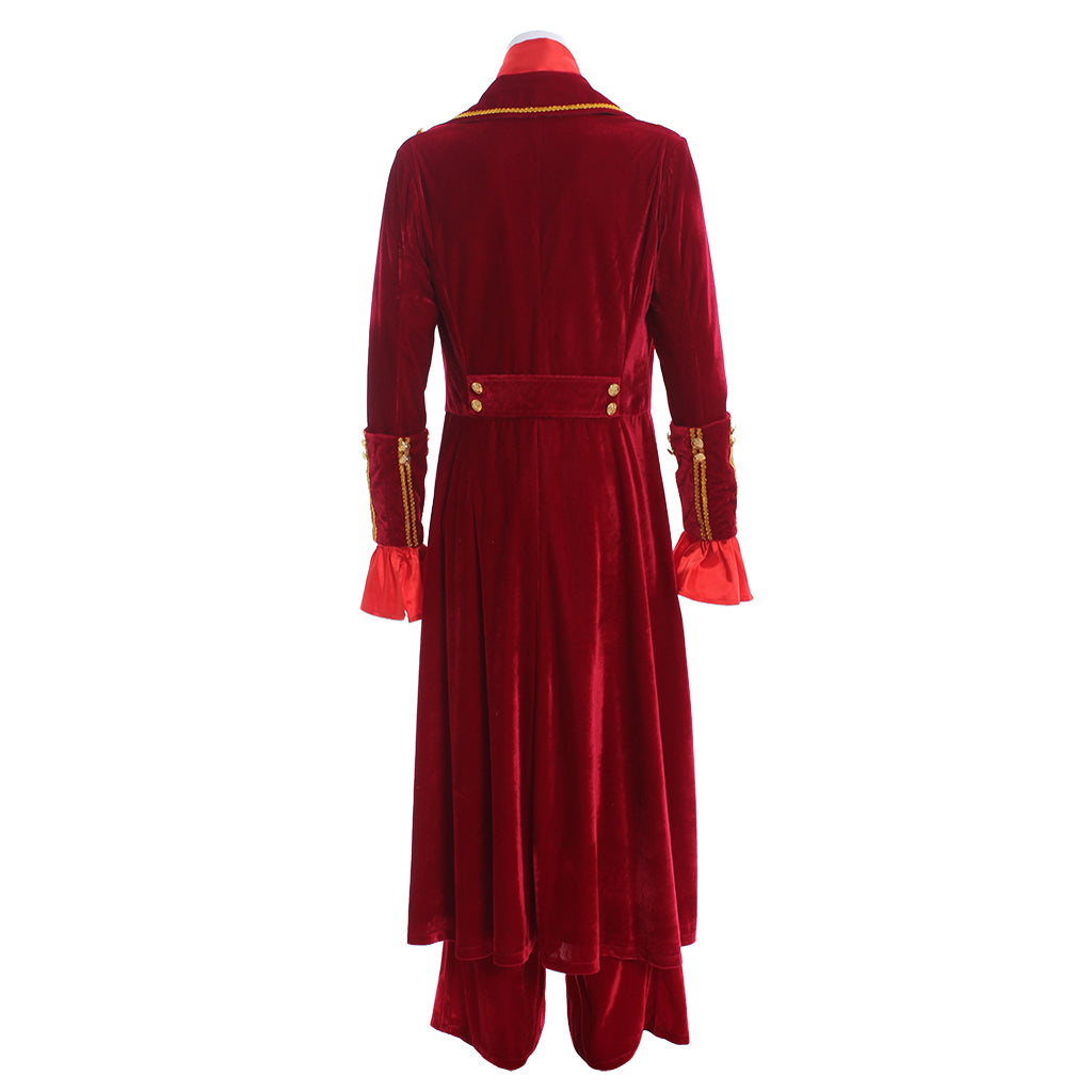 Medieval Men's Red Velvet Long Coat with Gold Trim Ruffled Collar and Cuffs Matching Pants Costume for Cosplay Themed Events Halloween Christmas or Parties