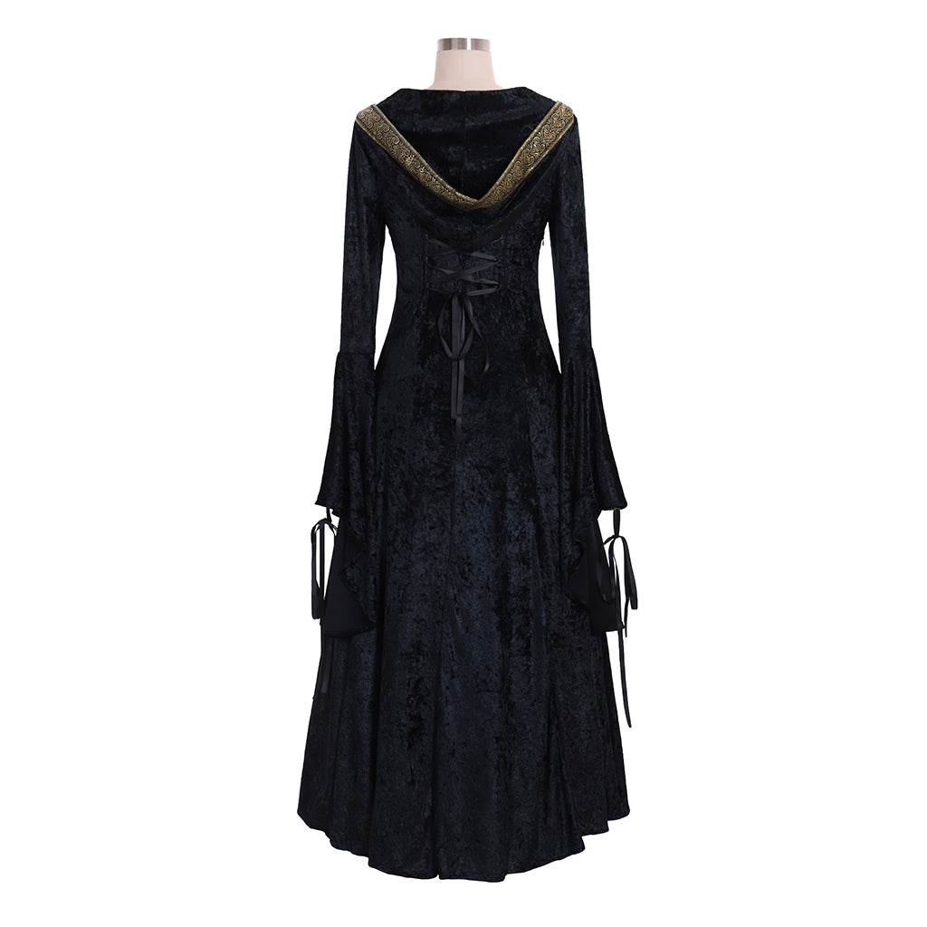 Victorian Gothic Women's Black and Gold Cosplay Dress with Square Neck, Long Sleeves, Lace-Up Front and Contrast Trim