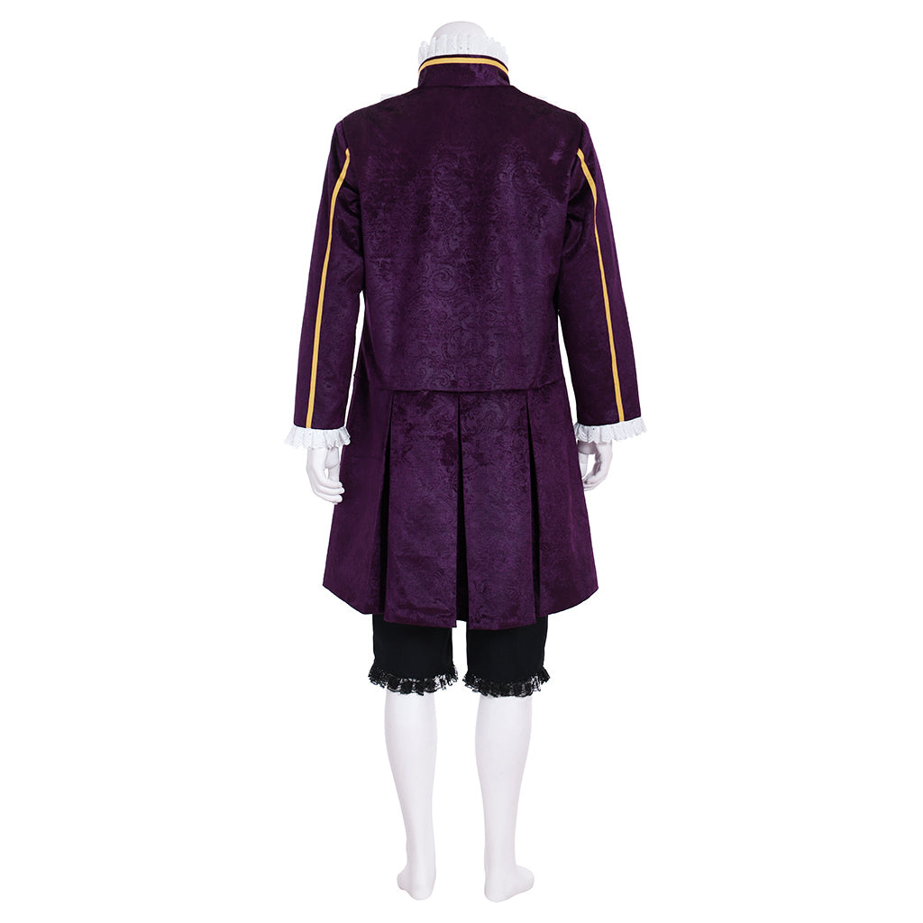 Renaissance Men's Purple Embroidered Robe with Gold Trim and Tricorn Hat Tudor - style for Cosplay Themed Events Halloween Christmas or Themed Parties