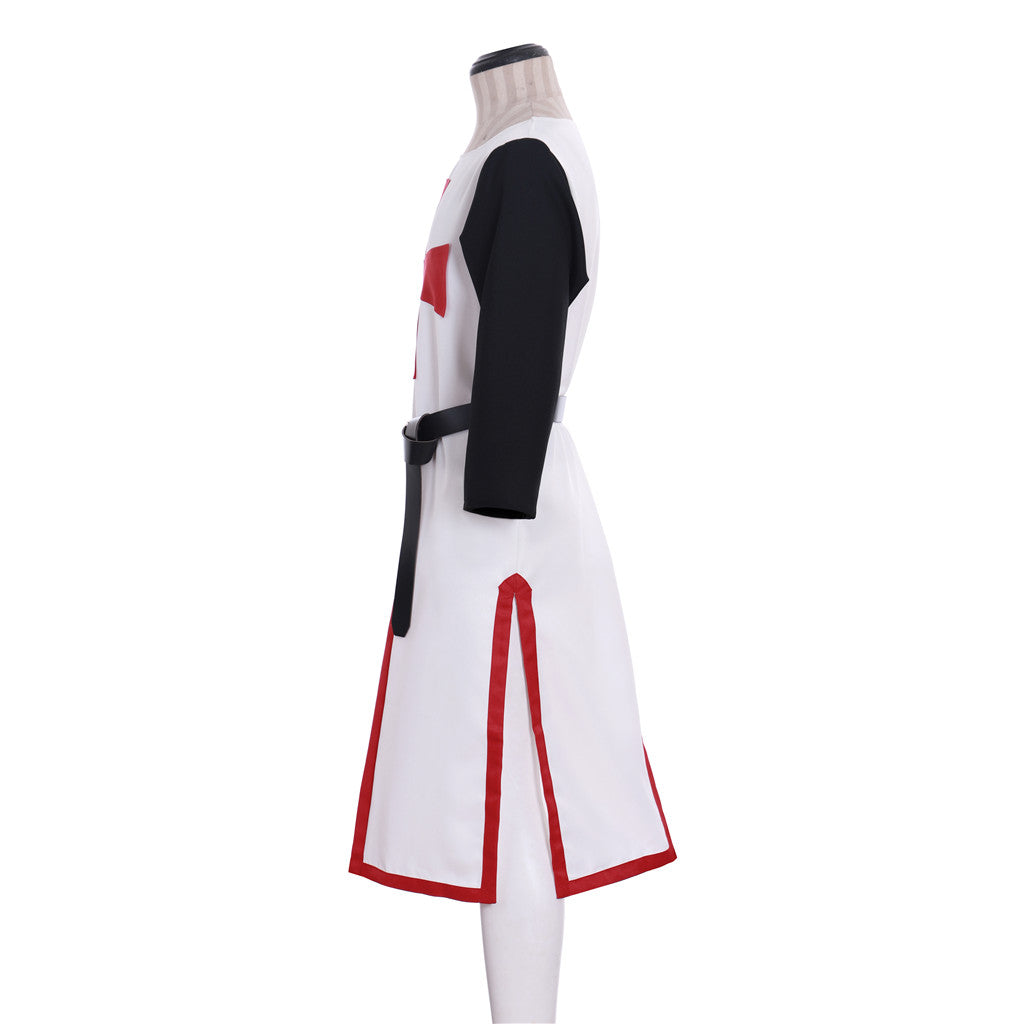Medieval Templar Men's White Tunic with Black Sleeves, Red Cross and Belt Costume for Historical Reenactments, Cosplay Events or Halloween Parties