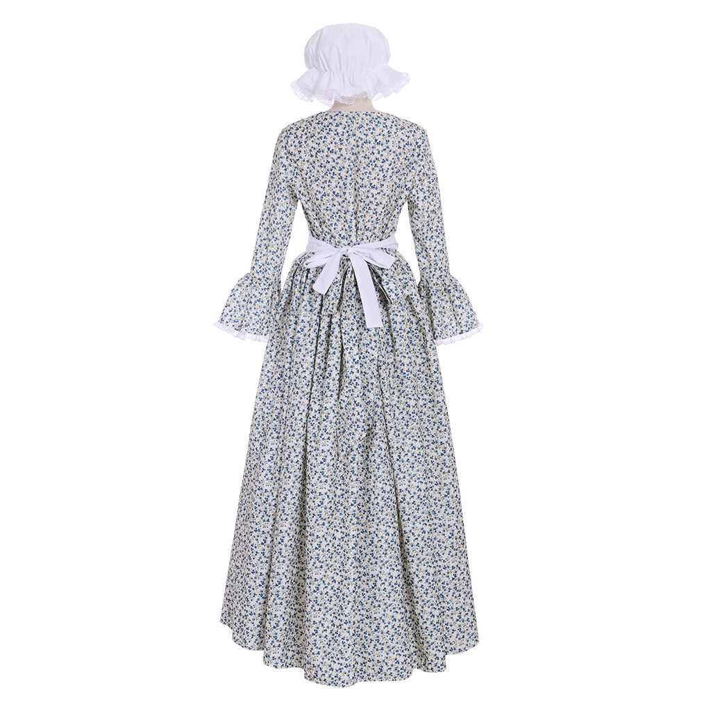 Medieval Renaissance Women's Blue and White Cosplay Dress with Square Neck, Puff Sleeves, Contrast Bodice and Apron Style Skirt Gothic Ladies Halloween Party Outerwear