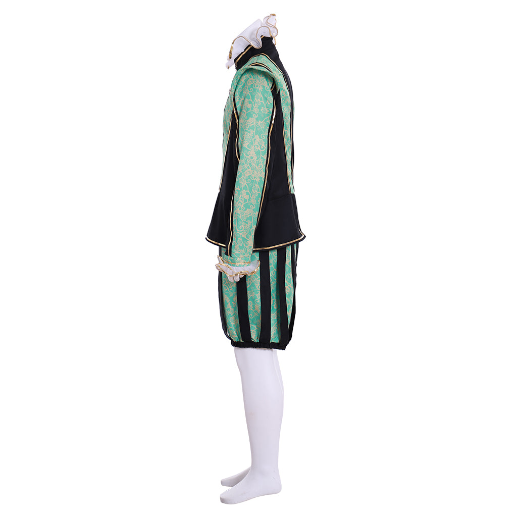Medieval Men's Black Jacket with Green Trim and Striped Green Black Breeches for Cosplay or Themed Events Halloween Christmas or Themed Parties
