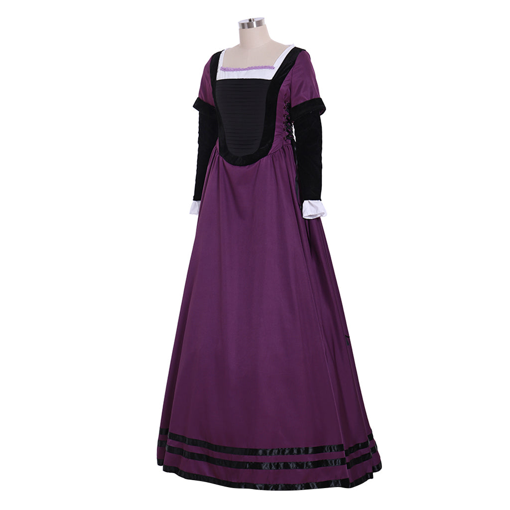 Medieval Renaissance Women's Purple and Black Cosplay Dress with Square Neck, Long Sleeves, Contrast Bodice Gothic Ladies Halloween Party Outerwear