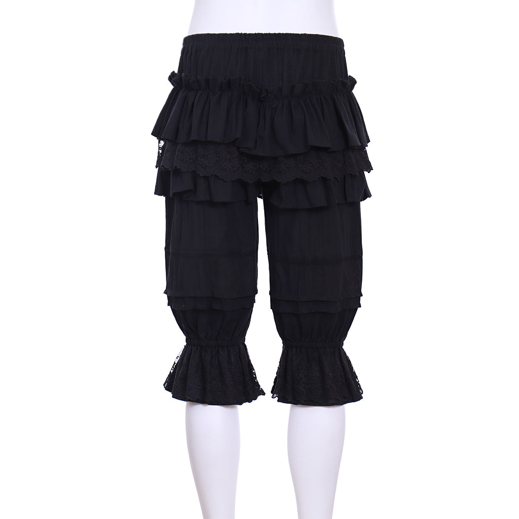 Medieval Gothic Black Lolita Ruffled Bloomers with Multi Layered Lace Trim and Bow-Accented Cuffs