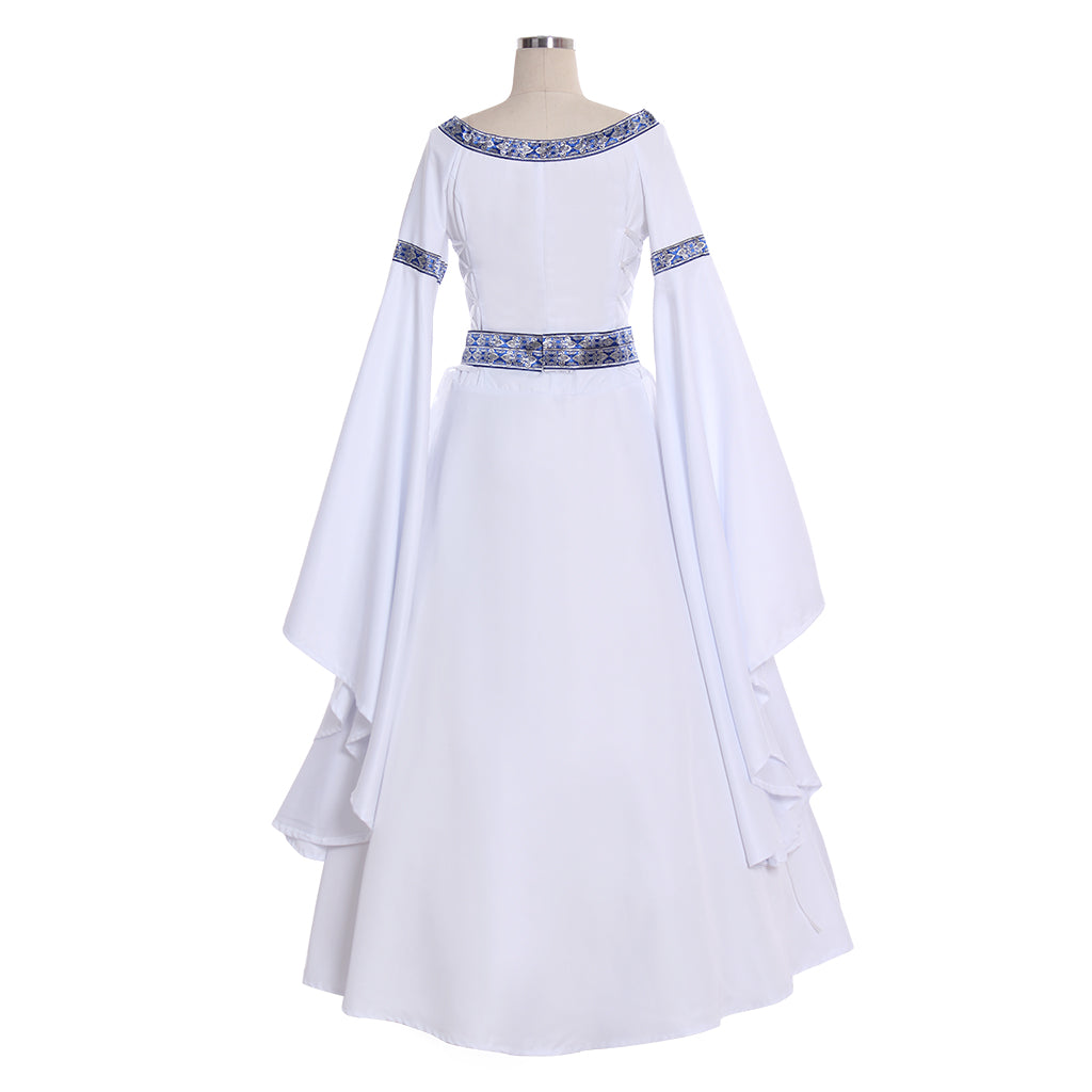 Medieval Women Renaissance White Cosplay Costume Adult Vintage Court Long Sleeve Round Neck Waist Belt Maxi Dress Ladies Halloween Christmas