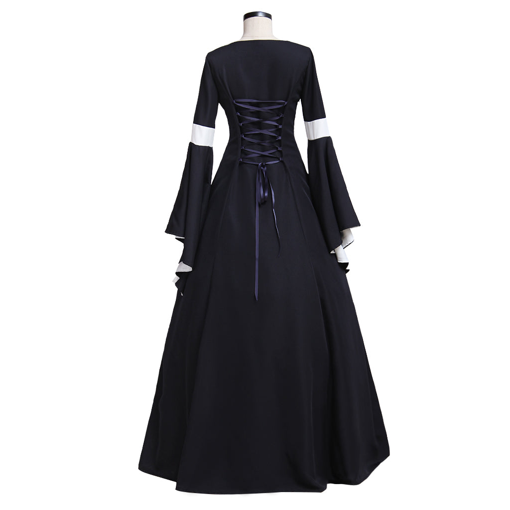 Medieval Women Renaissance Victorian Cosplay Costume Flared Long Sleeve White Trimmed Color Block Black White Lace Up Gown Adult Ladies Halloween Christmas Dress