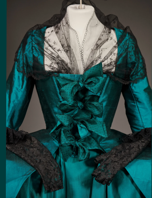 Rococo Style Dark Teal Satin Gown with Bow Embellishments and Layered Skirt for Historical Reenactments Royal Court Halloween Christmas