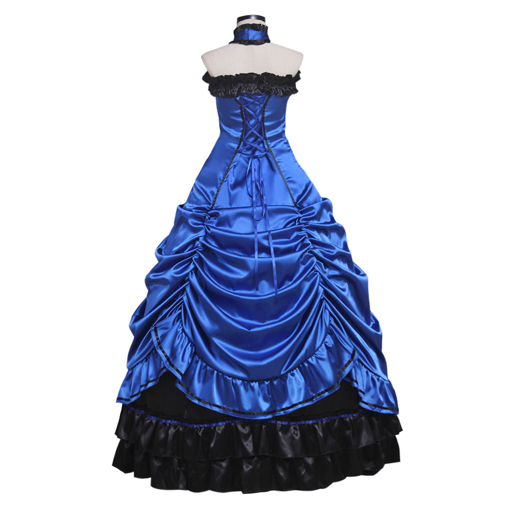 Victorian Gothic Women's Blue and Black Cosplay Dress with Strapless Neck Lace Up Back Sleeveless and Ruffled Hem Trim Gothic Ladies Halloween Party Outerwear