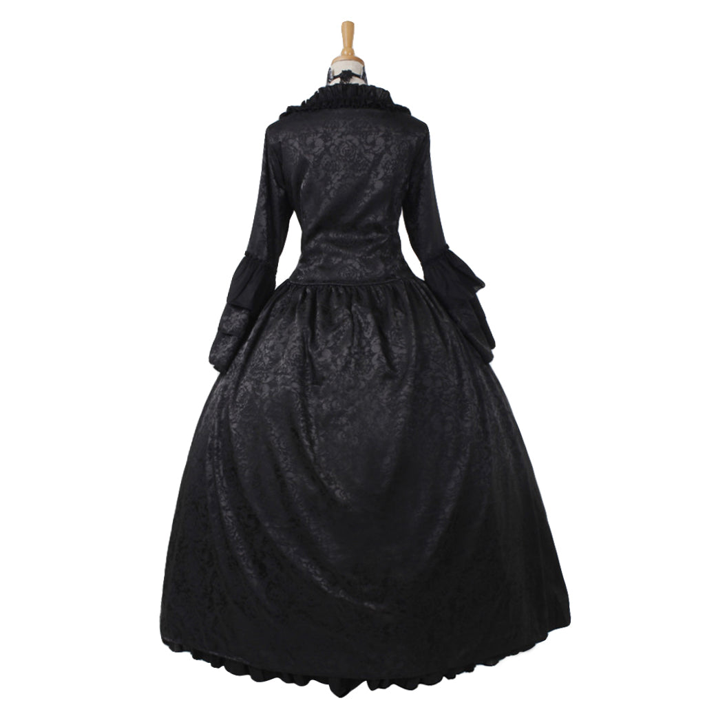 Medieval Women Gothic Victorian Renaissance Cosplay Costume Ruffled Long Sleeve Square Neck Black Gown Adult Ladies Halloween Christmas Dress