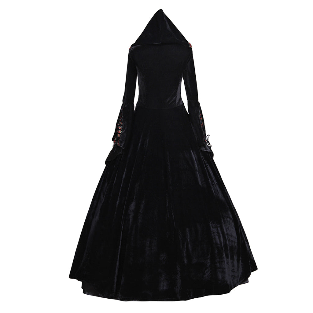 Medieval Women Renaissance Victorian Cosplay Costume Flared Long Sleeve Brown Trimmed Color Block Black Lace Up Gown Adult Ladies Halloween Christmas Dress