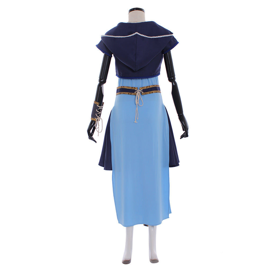 Medieval Women Viking Blue, White And Dark Blue Cosplay Costume Adult Renaissance Ancient Hooded Lace Up With Belt Norse Gothic Ladies Halloween Christmas Square Neck Maxi Dress