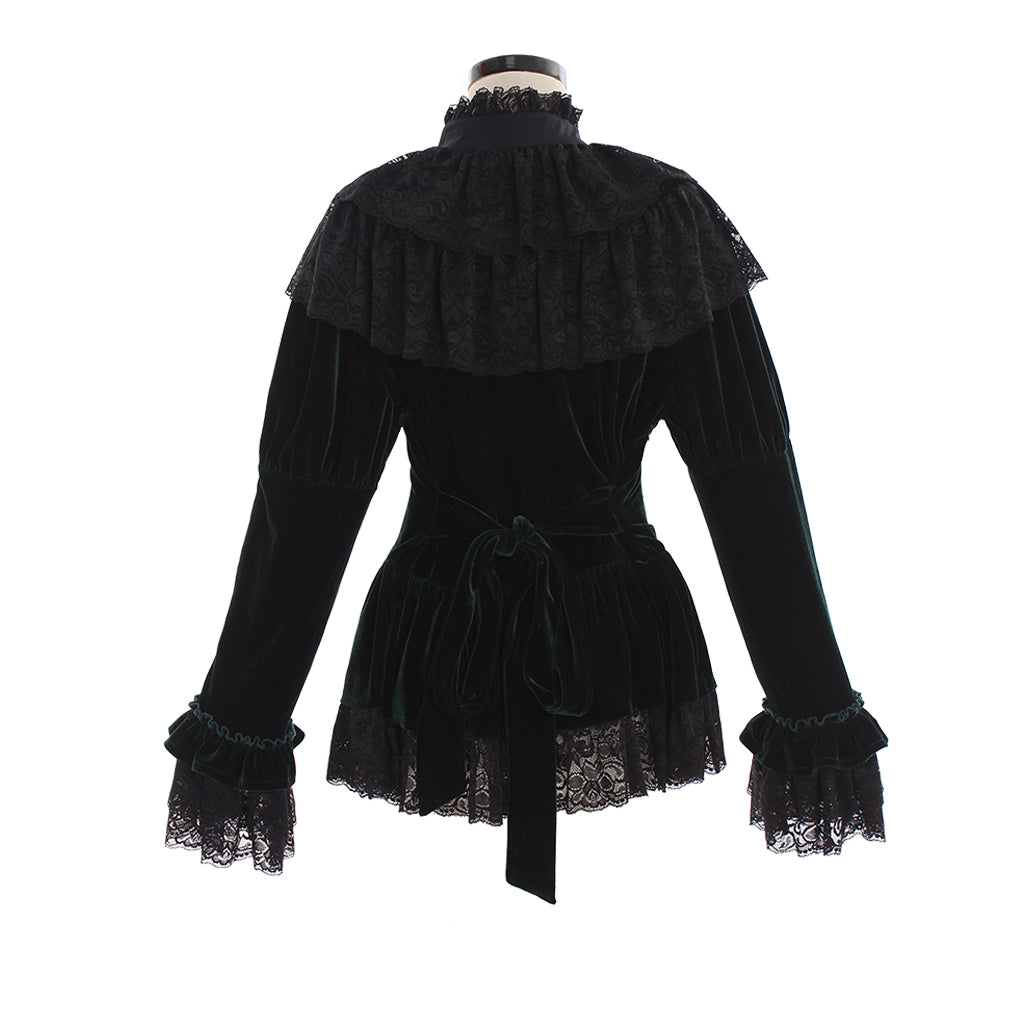 Gothic Victorian-Inspired Deep Green Velvet Blouse with Black Lace Ruffles, High Neck, and Bow Accent