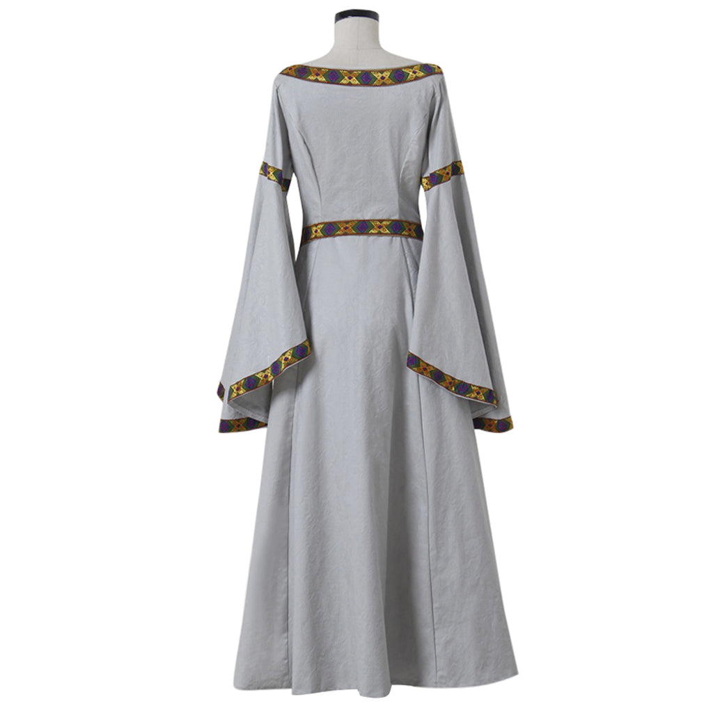 Medieval Women Renaissance Victorian Cosplay Costume Flared Long Sleeve Gold and Brown Trimmed Tie Waist Light Gray Gown Adult Ladies Halloween Christmas Dress